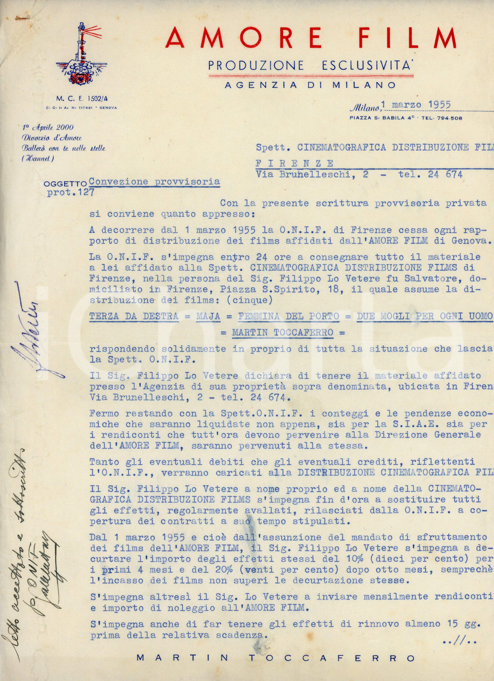 Documento originale, autentico 1955 MILANO AMORE FILM Cambio fornitore da ONIF a Cinematografica Distribuzione 1
