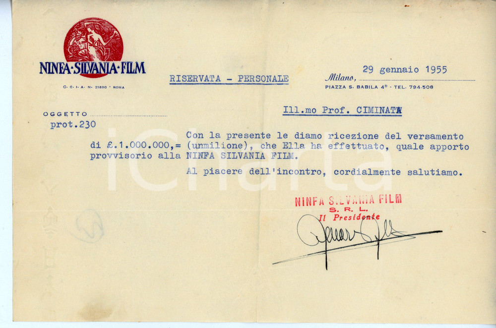 Documento originale, autentico 1955 MILANO  NINFA SILVANIA FILM Conferma versamento  Autografo Alfio AMORE 1