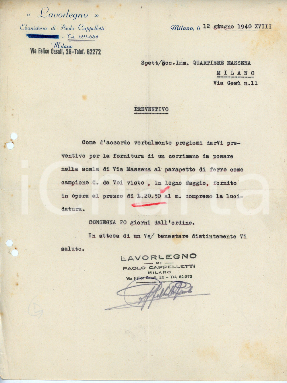Documento originale, autentico 1940 MILANO LAVORLEGNO Ebanisteria Paolo CAPPELLETTI Preventivo per Via Massena 1