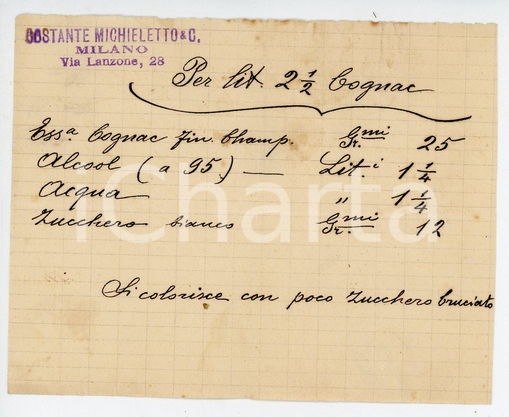 Documento originale, autentico 1940 ca MILANO Via Lanzone 28 COSTANTE MICHIELETTO Ricetta per cognac 1