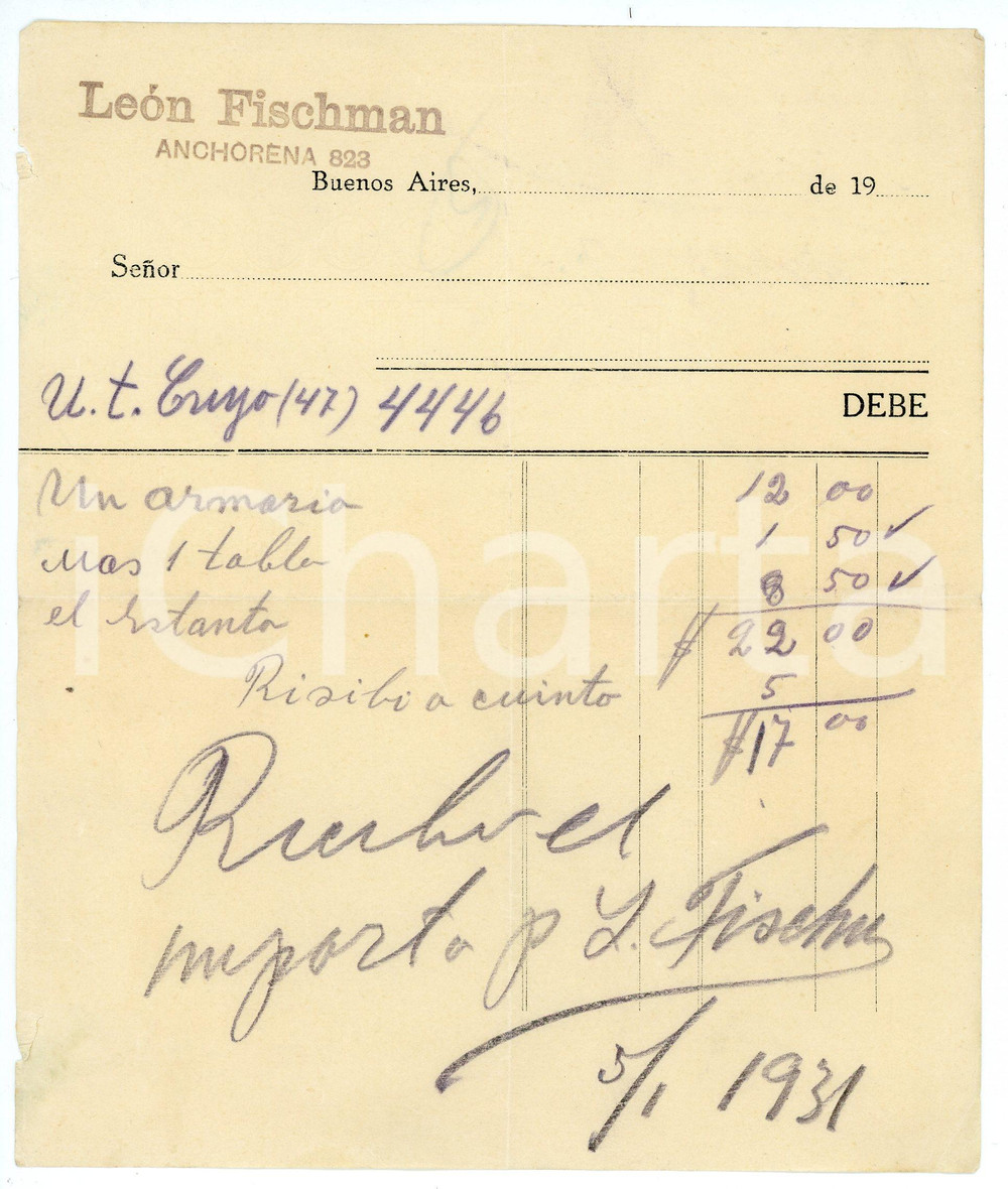 Documento originale, autentico 1945 ca BUENOS AIRES Anchorena 828 LEON FISCHMAN Ricevuta per mobili 15x18 cm 1