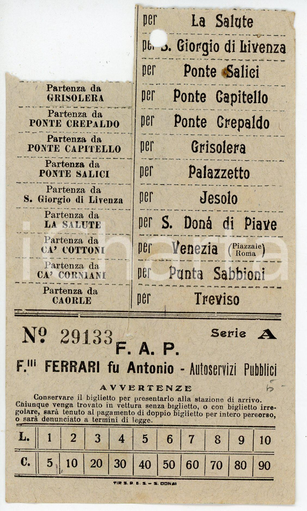 Oggetto da collezione cartaceo 1935 ca FAP Ferrari Autoservizi Pubblici  Biglietto CAORLE  TREVISO Vidimato 1