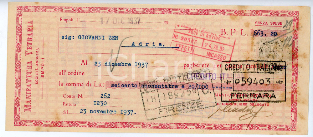 Documento originale, autentico 1937 EMPOLI Manifattura vetraria  Cambiale 22x9 cm 1