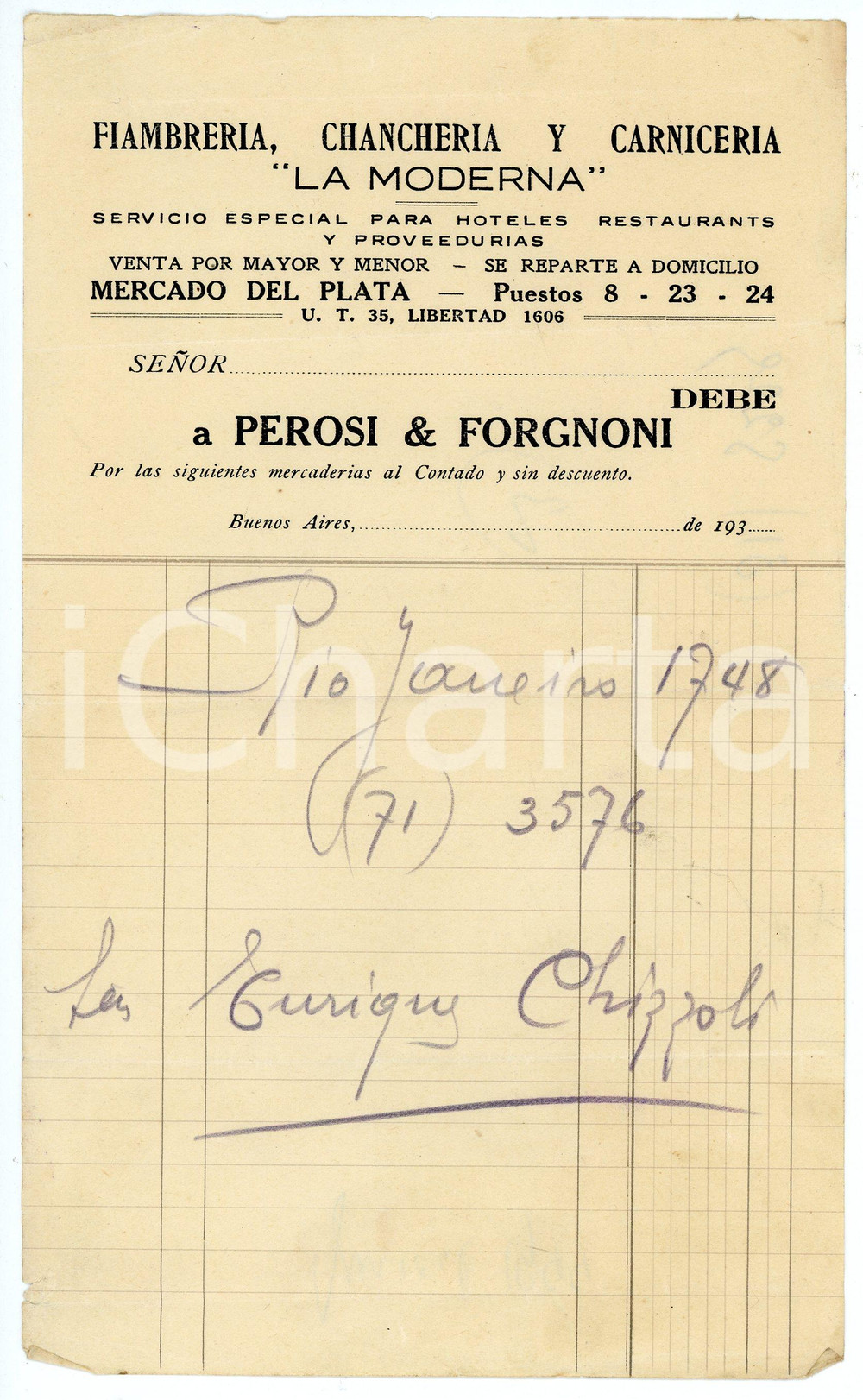 Documento originale, autentico 1930 ca BUENOS AIRES Fiambreria, chancheria y carniceria LA MODERNA Ricevuta 1