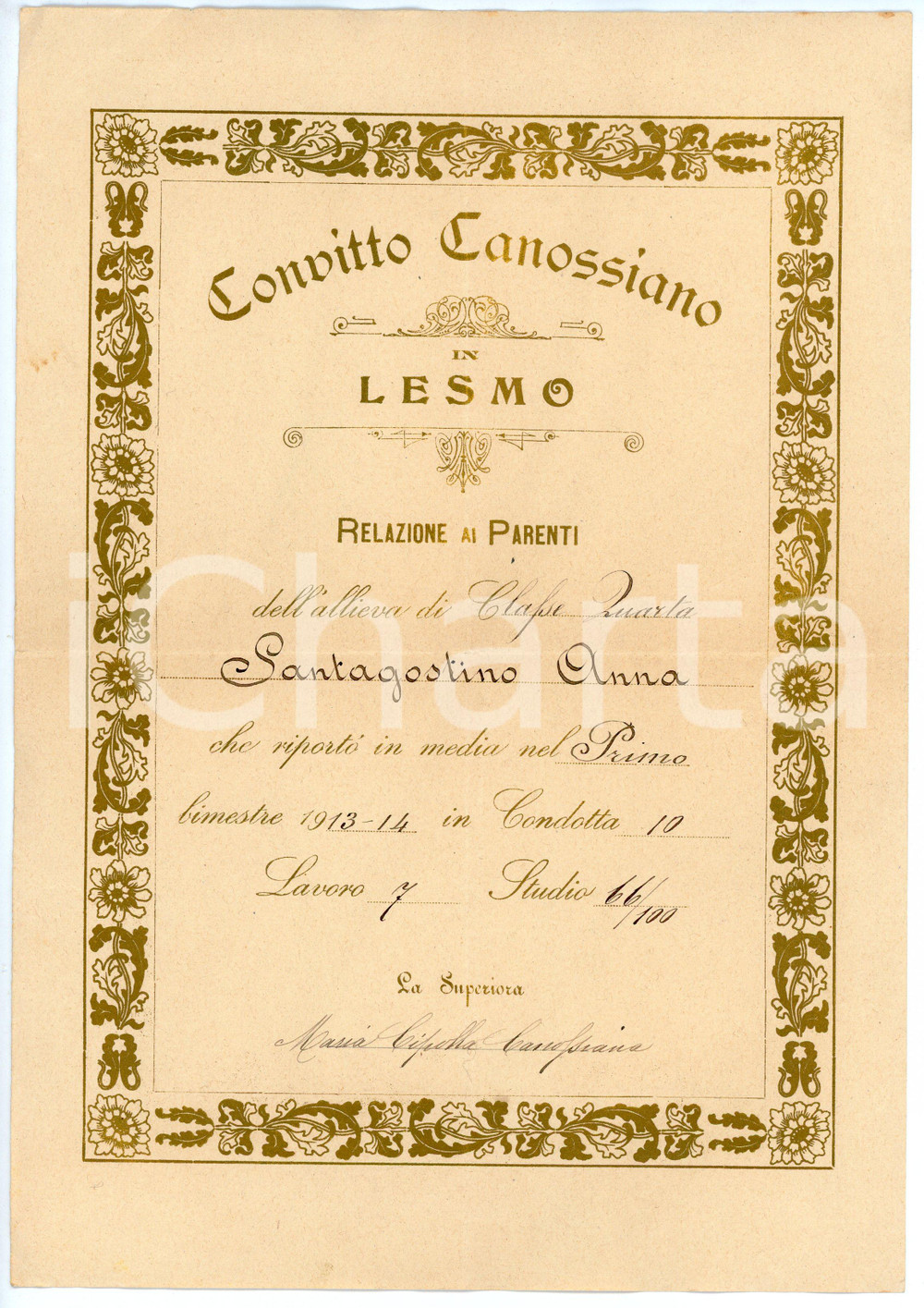 Oggetto da collezione cartaceo 19131914 LESMO Convitto Canossiano  Relazione ai parenti di Anna SANTAGOSTINO 1