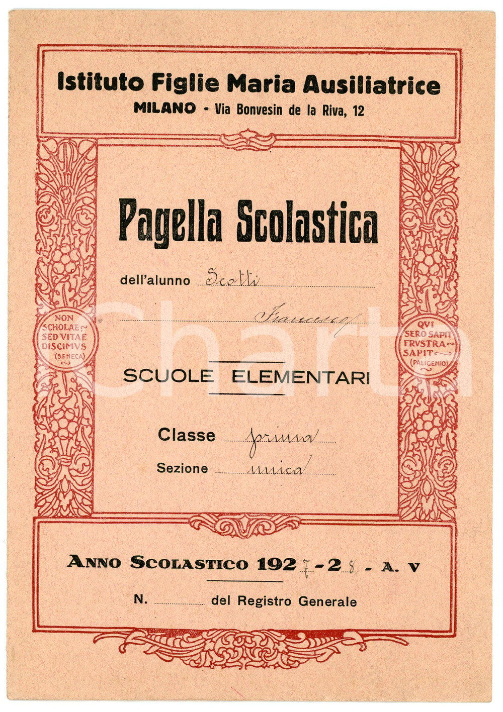 Oggetto da collezione cartaceo 19271928 MILANO Istituto Figlie Maria Ausiliatrice  Pagella Francesco SCOTTI 1