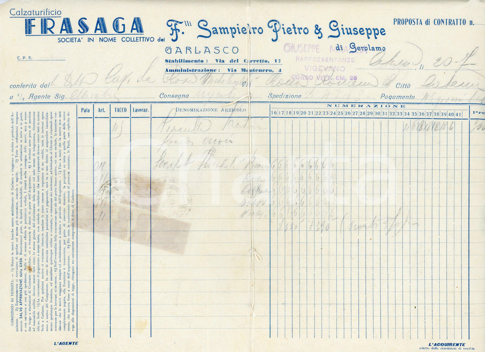 Documento originale, autentico 1946 GARLASCO Calzaturificio FRASAGA F.lli Pietro e Giuseppe SAMPIETRO Proposta 1