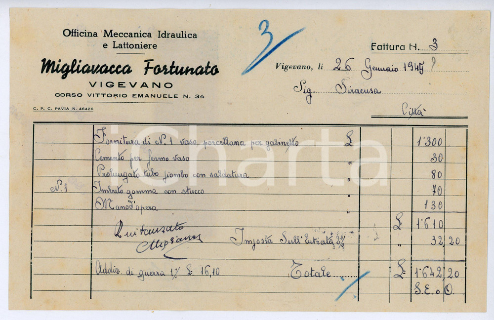 Documento originale, autentico 1945 VIGEVANO Officina idraulica Fortunato MIGLIAVACCA Fattura per gabinetto 1