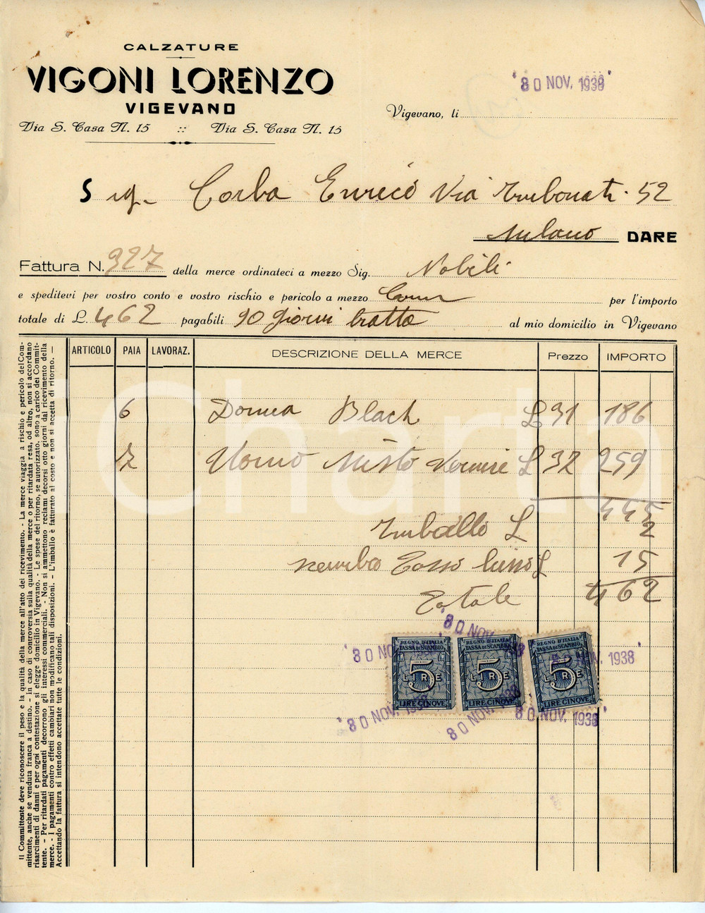 Documento originale, autentico 1938 VIGEVANO Calzature Lorenzo VIGONI Fattura 22x28 cm 1