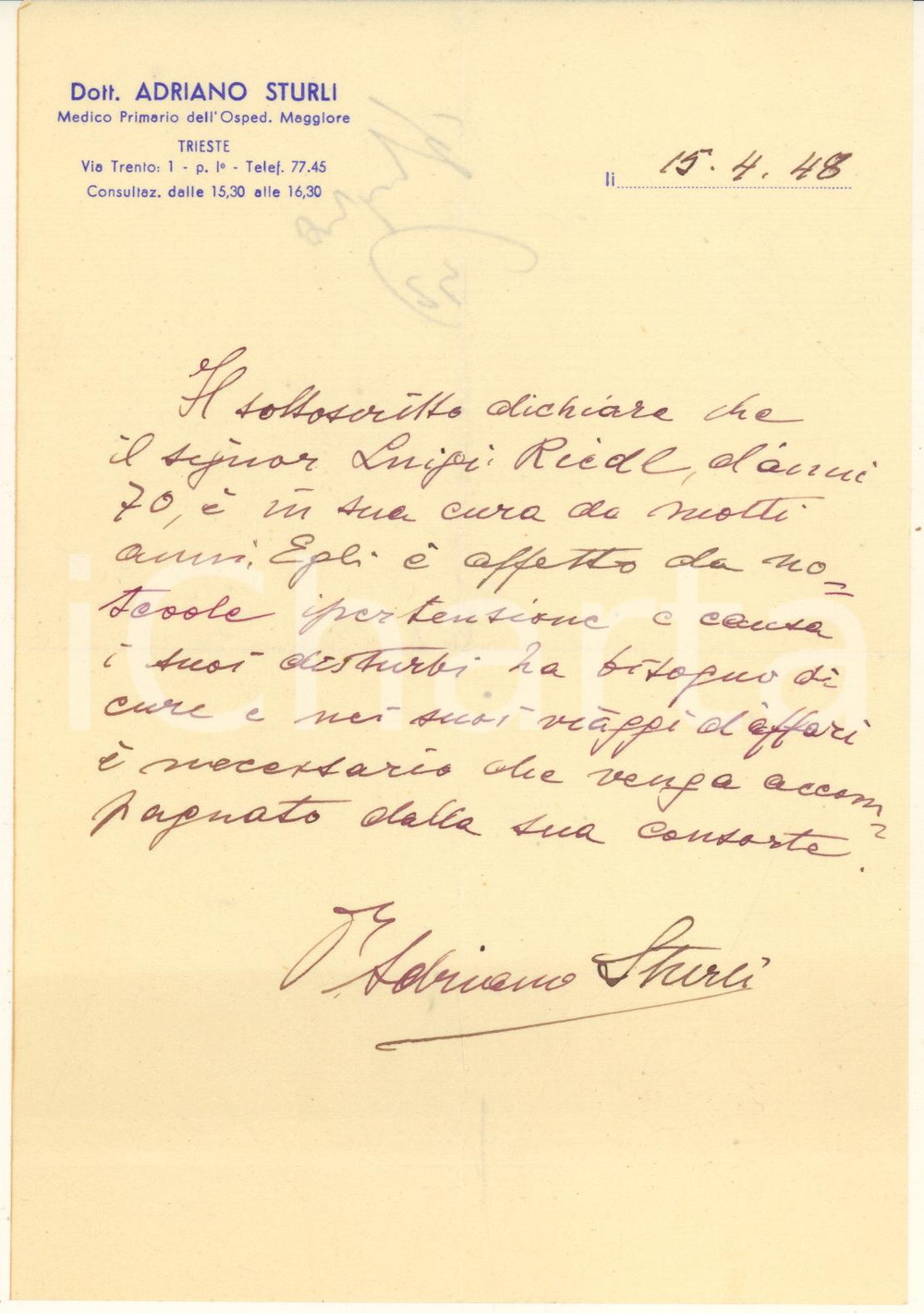 Autografo originale 1948 TRIESTE Dott. Adriano STURLI   Certificato Autografo 1