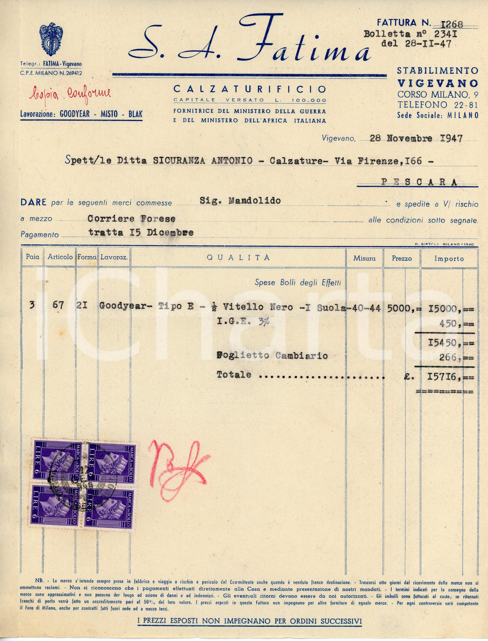 Documento originale, autentico 1947 VIGEVANO Calzaturificio S.A. FATIMA Fattura 22x28 cm 1