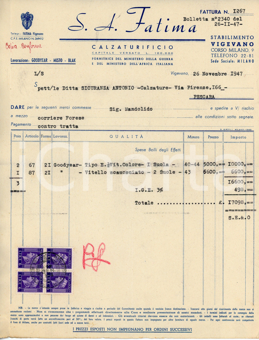 Documento originale, autentico 1947 VIGEVANO Calzaturificio S.A. FATIMA Fattura 22x28 cm 1 1