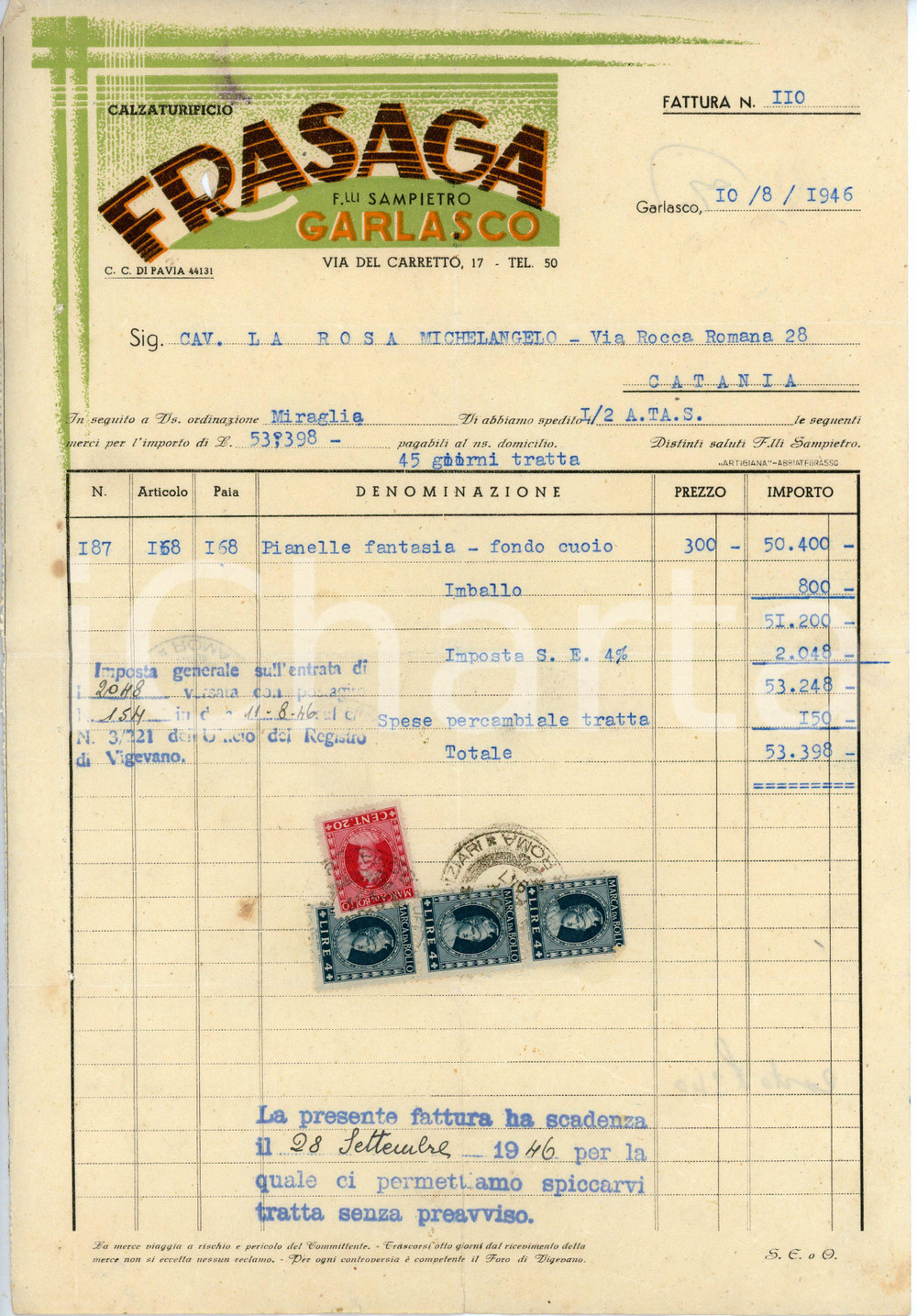 Documento originale, autentico 1946 GARLASCO Calzaturificio FRASAGA F.lli Pietro e Giuseppe SAMPIETRO Fattura 1
