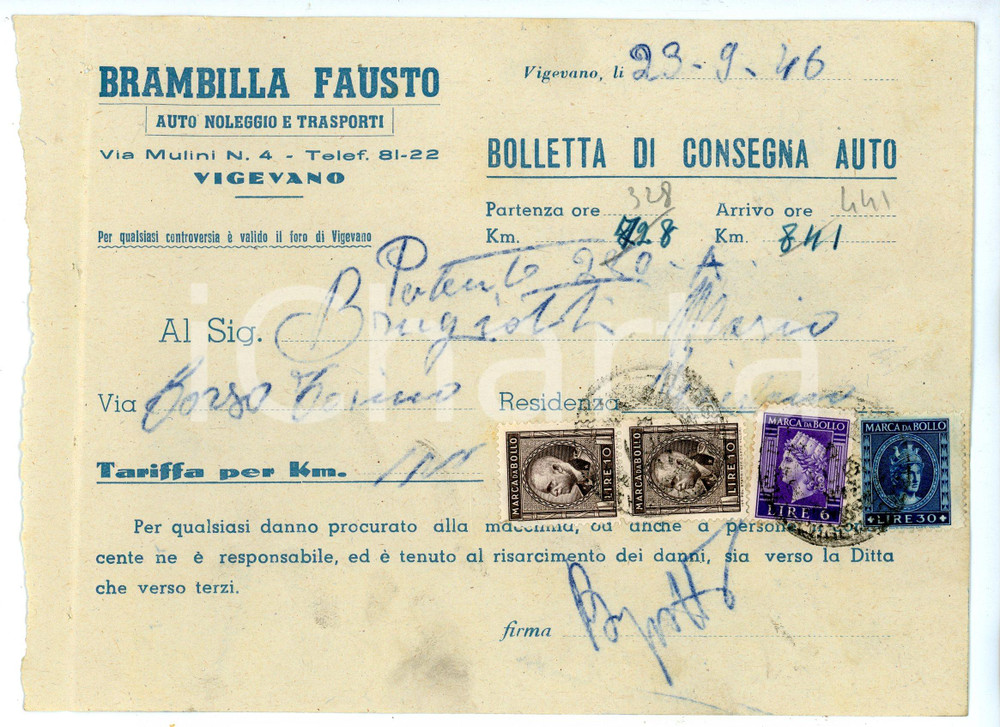 Documento originale, autentico 1946 VIGEVANO Auto noleggi Fausto BRAMBILLA Bolletta di consegna auto 1