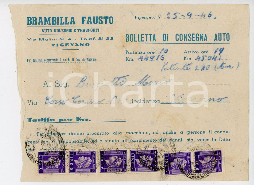 Documento originale, autentico 1946 VIGEVANO Auto noleggi Fausto BRAMBILLA Bolletta di consegna auto 1 1