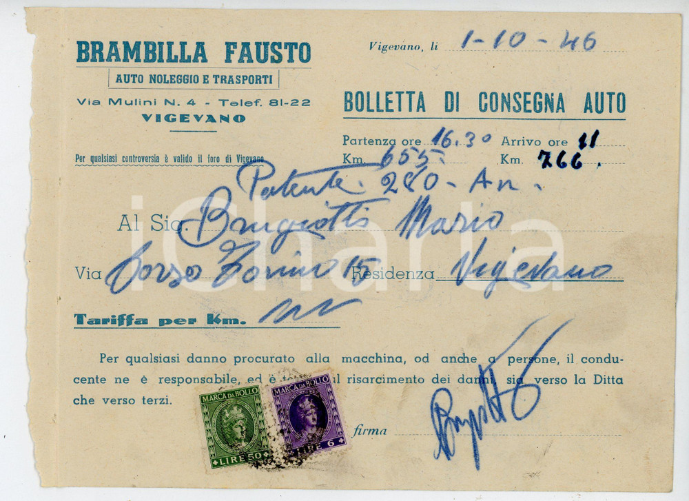 Documento originale, autentico 1946 VIGEVANO Auto noleggi Fausto BRAMBILLA Bolletta di consegna auto 2 1