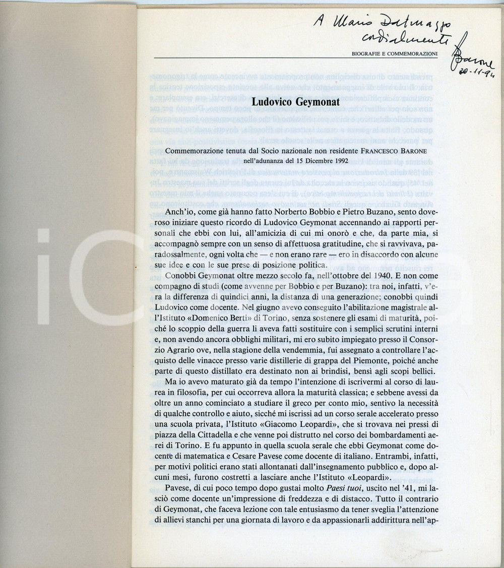 Libro, pubblicazione d epoca 1994 Francesco BARONE su Ludovico Geymonat  Invio AUTOGRAFO 1
