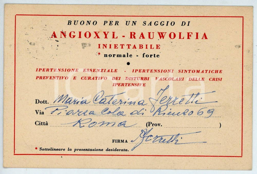 Materiale pubblicitario d’epoca 1958 MILANO Lab. farmaceutici MAESTRETTI Buono per saggio ANGIOXYL  RAUWOLFIA 1