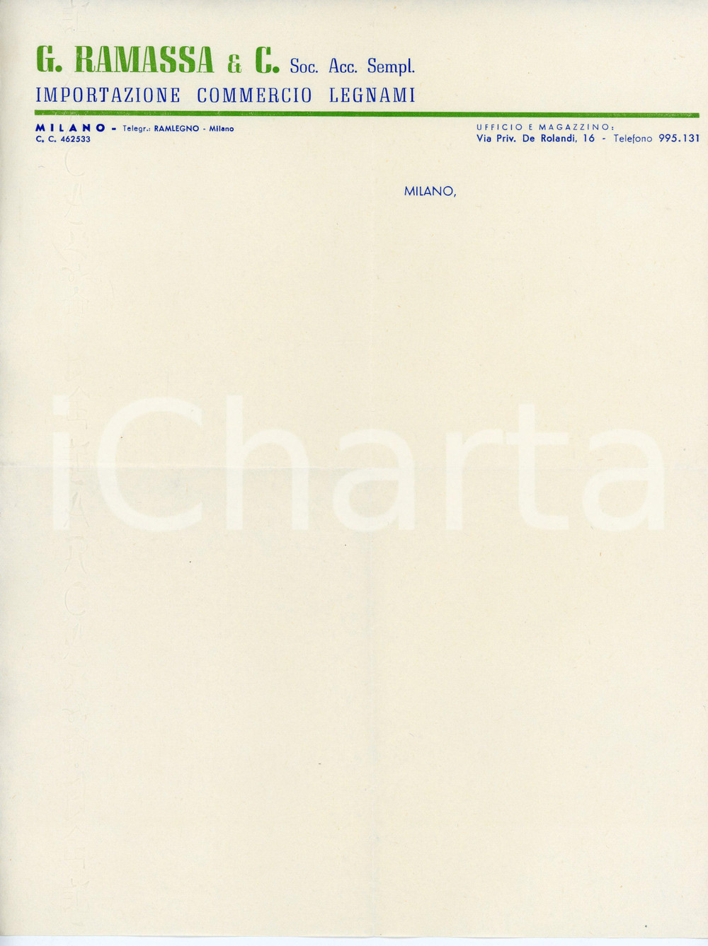 Oggetto da collezione cartaceo 1950 ca MILANO Via privata De Rolandi 16 G. RAMASSA Legnami  Carta intestata 1