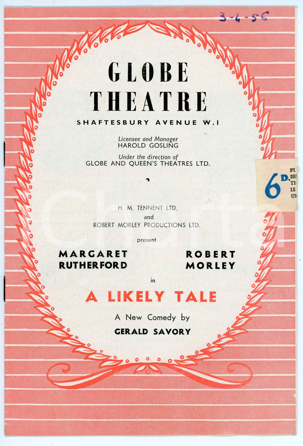 Oggetto da collezione cartaceo 1956 LONDON  GLOBE THEATRE A likely tale with Margaret RUTHERFORD Robert MORLEY 1