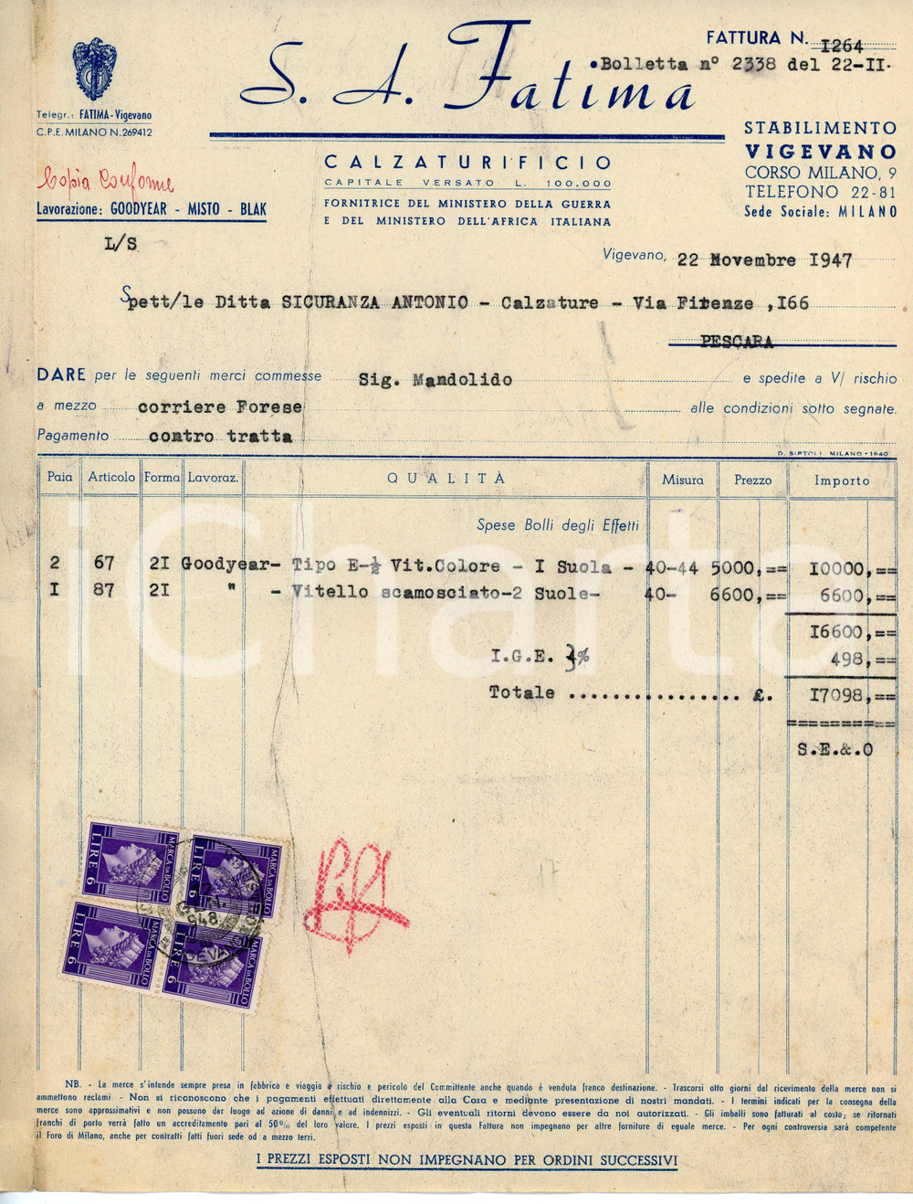 Documento originale, autentico 1947 VIGEVANO Calzaturificio S.A. FATIMA Fattura 22x28 cm 2 1