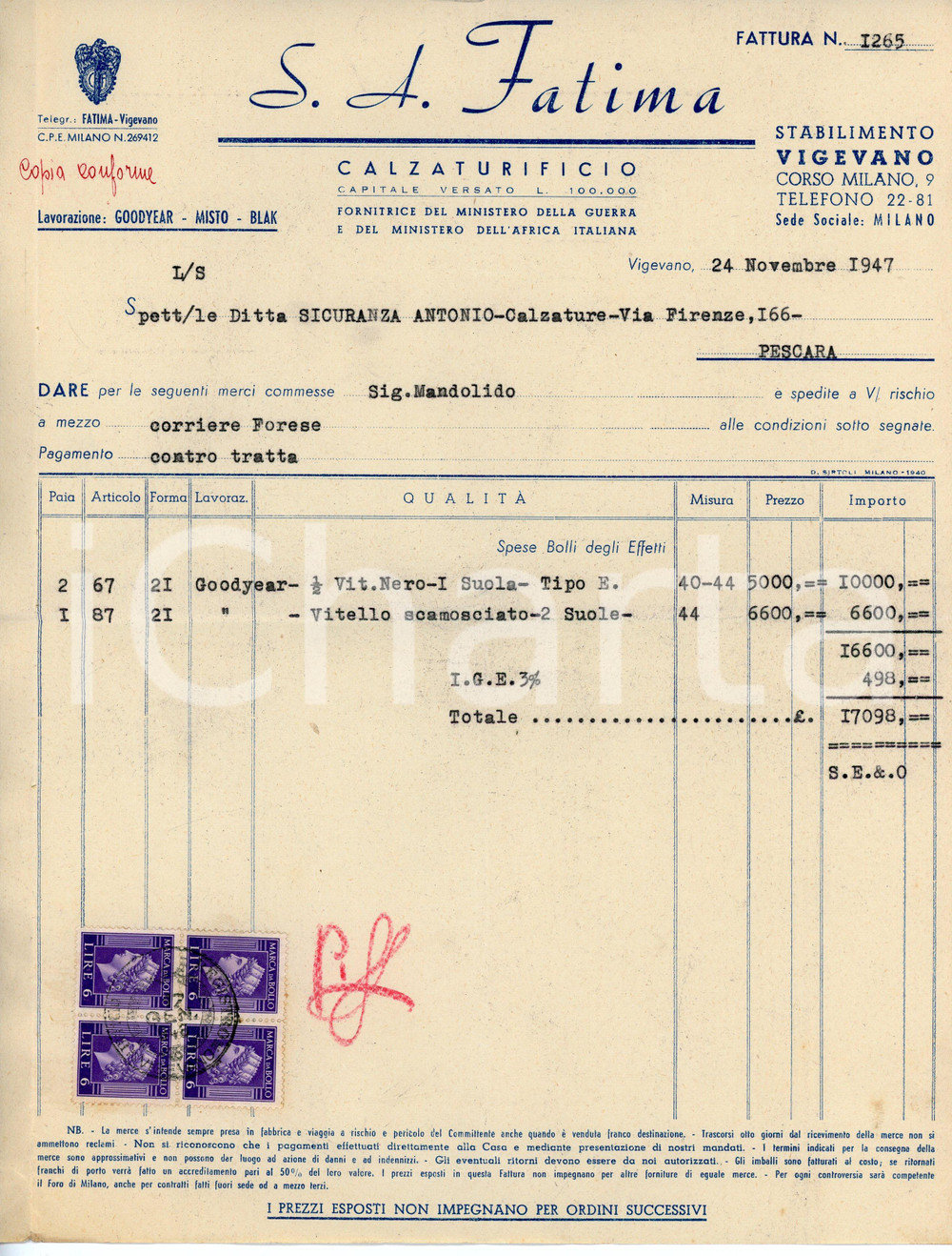 Documento originale, autentico 1947 VIGEVANO Calzaturificio S.A. FATIMA Fattura 22x28 cm 3 1