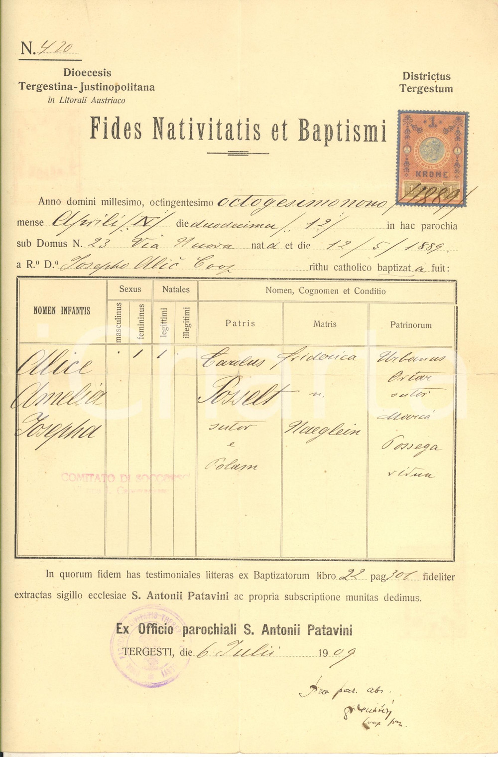 Documento originale, autentico 1909 TRIESTE Parrocchia Sant Antonio  Fede di battesimo Alice POSSELT 1889 1