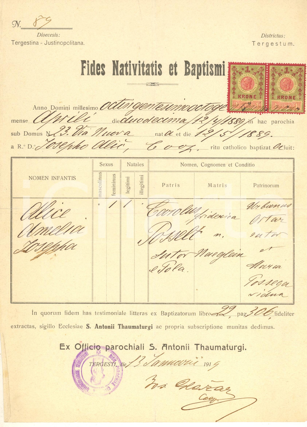 Documento originale, autentico 1919 TRIESTE Parrocchia Sant Antonio  Fede di battesimo Alice POSSELT 1889 1