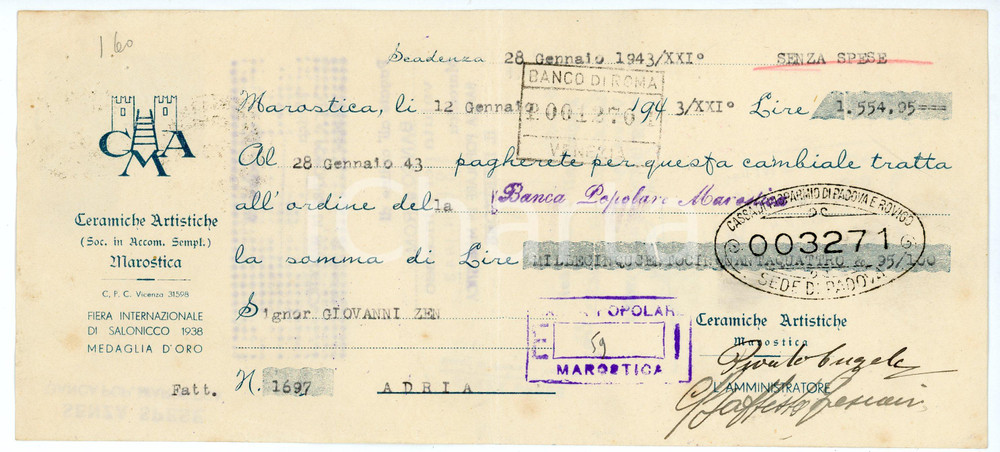 Documento originale, autentico 1943 MAROSTICA Ceramiche artistiche CMA Cambiale 24x11 cm 1