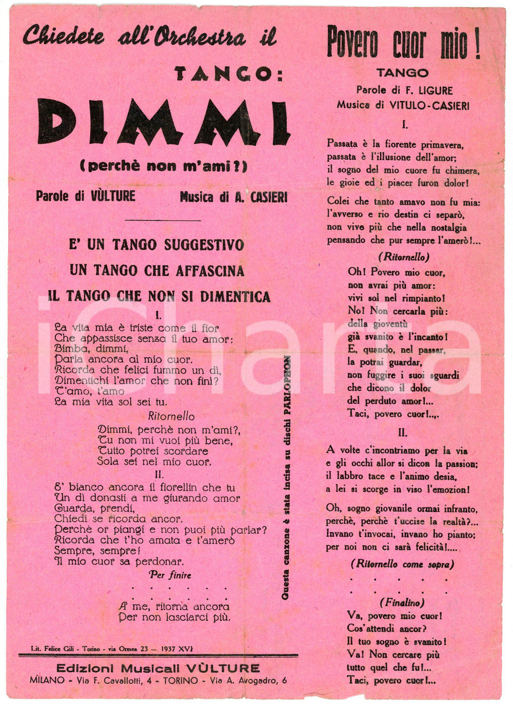 Oggetto da collezione cartaceo 1937 VULTURE  A. CASIERI Dimmi Perché non m ami? Testo del TANGO Ed. VULTURE 1