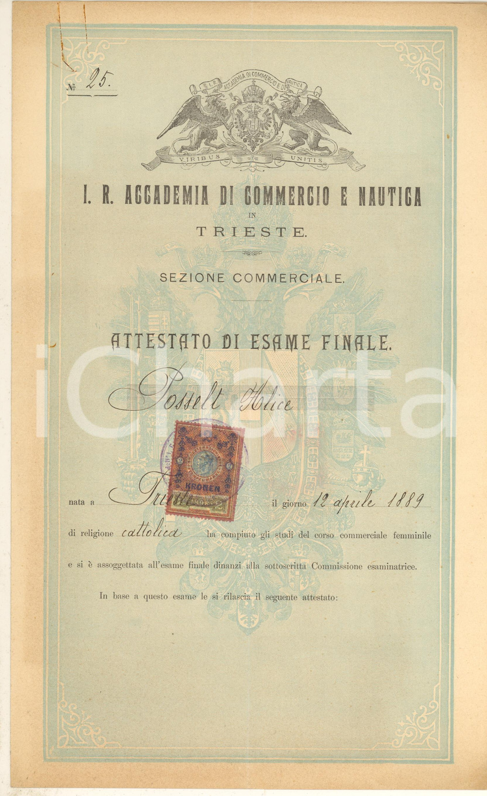 Documento originale, autentico 1905 TRIESTE Accademia di Commercio e Nautica  Attestato esame finale POSSELT 1