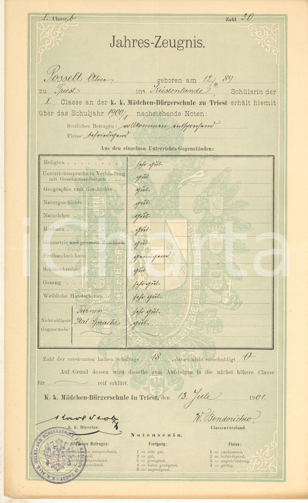 Documento originale, autentico 1901 TRIESTE Scuola Media femminile/ Mädchen Bürgerschule  Pagella POSSELT 1
