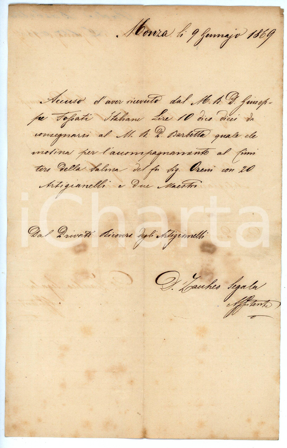 Documento originale, autentico 1869 MONZA Ricovero degli Artigianelli Ricevuta elemosina accompagnamento salma 1