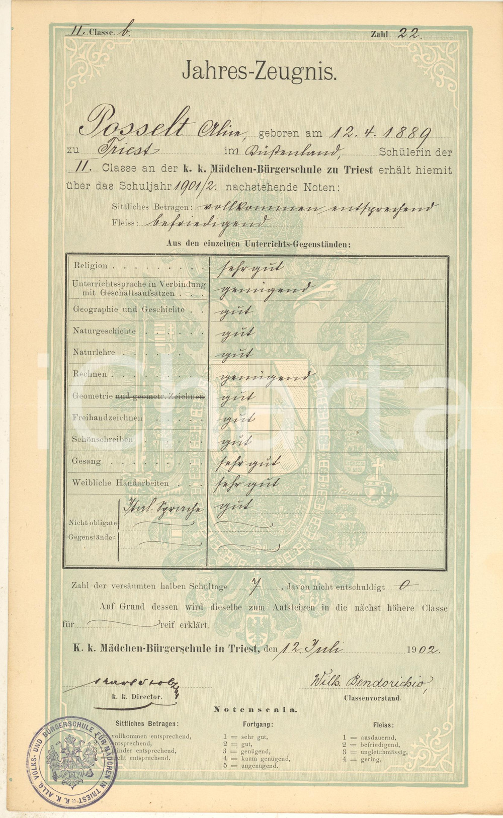 Documento originale, autentico 1902 TRIESTE Scuola Media femminile/ Mädchen Bürgerschule  Pagella POSSELT 1