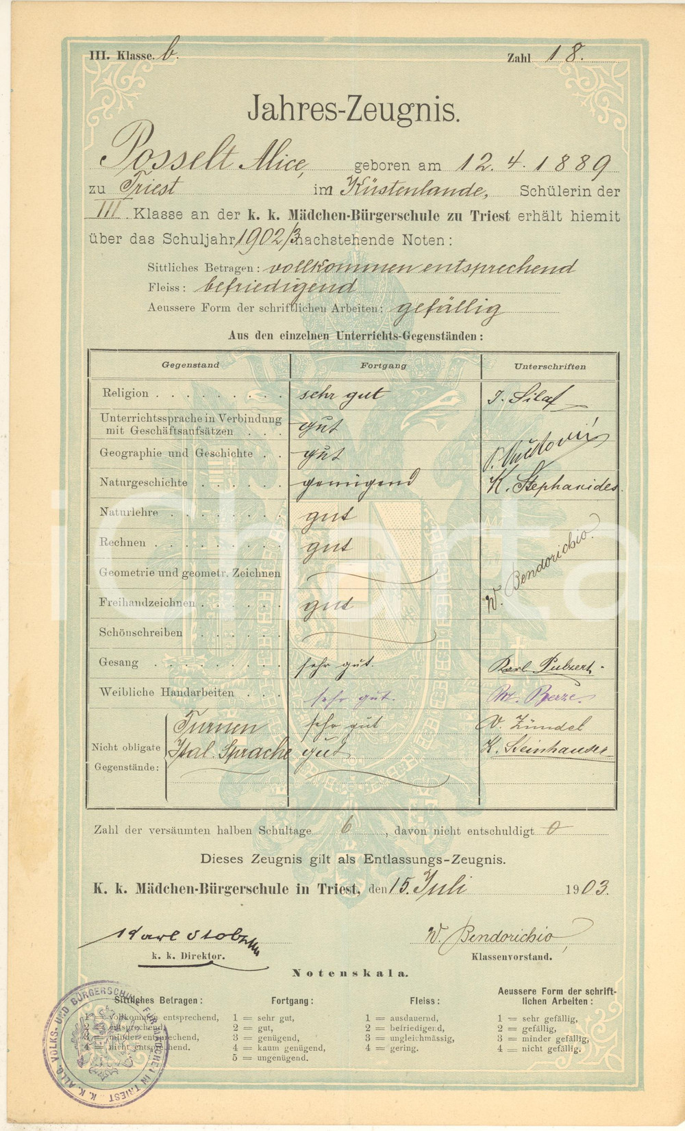 Documento originale, autentico 1903 TRIESTE Scuola Media femminile/ Mädchen Bürgerschule  Pagella POSSELT 1