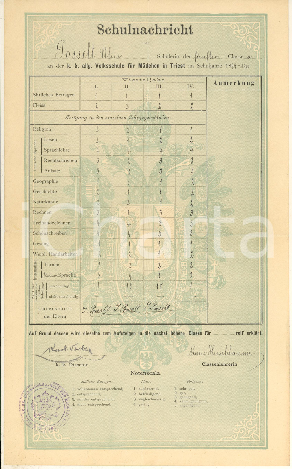 Documento originale, autentico 1900 TRIESTE Scuola Elementare femminile/ Volksschule Mädchen  Pagella POSSELT 1