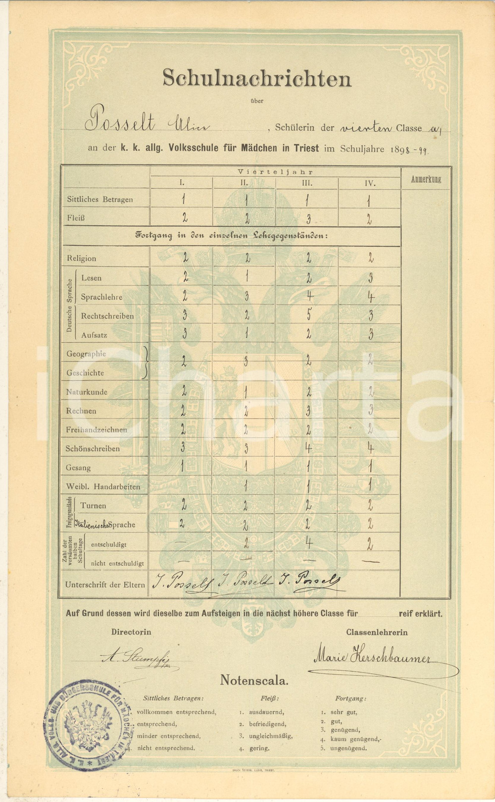 Documento originale, autentico 1899 TRIESTE Scuola Elementare femminile/ Volksschule Mädchen  Pagella POSSELT 1