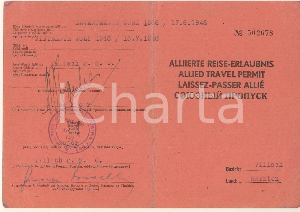 Documento originale, autentico 1946 VILLACH AUSTRIA Allied travel permit  Lasciapassare Josef POSSELT 1