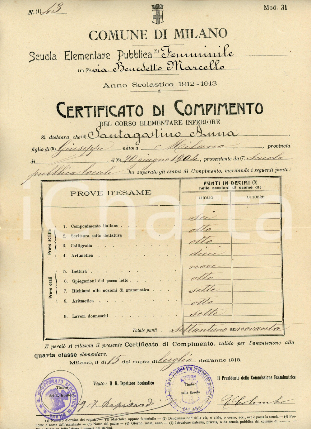 Oggetto da collezione cartaceo 1913 MILANO Via B. Marcello  Scuola femminile  Certificato Anna SANTAGOSTINO 1