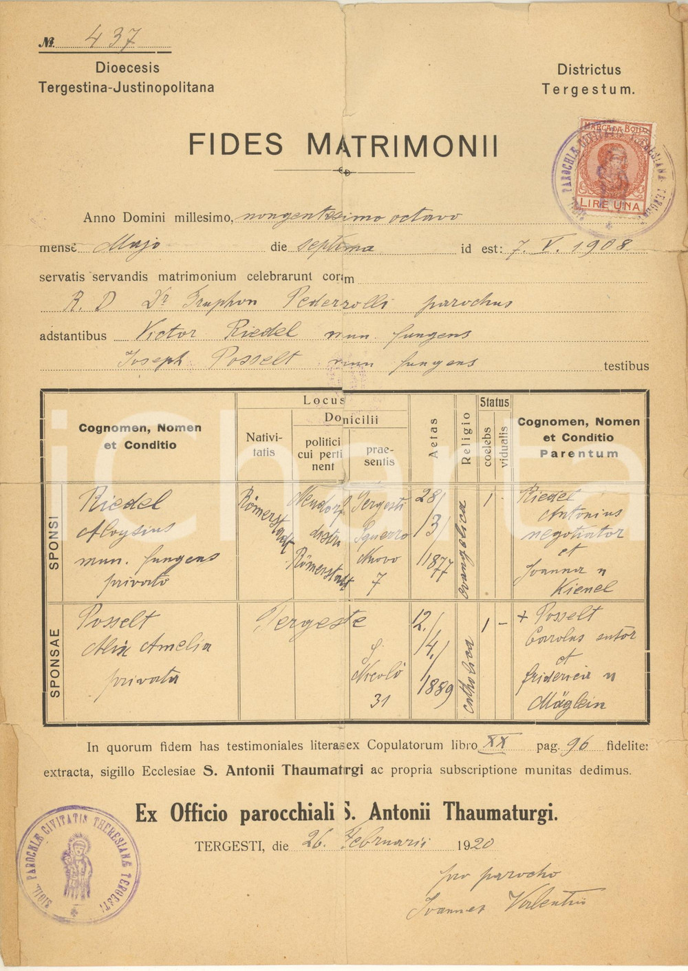 Documento originale, autentico 1920 TRIESTE Parrocchia Sant Antonio  Fede nozze RIEDEL  POSSELT Danneggiata 1