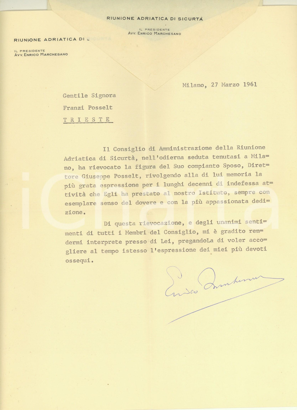 Autografo originale 1961 MILANO RAS  Lettera presidente Enrico MARCHESANO Autografo 1