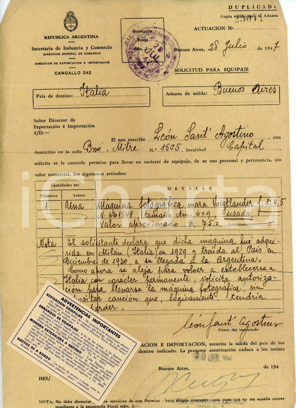 Documento originale, autentico 1947 BUENOS AIRES Dichiarazione doganale per macchina fotografica VOIGTLANDER 1