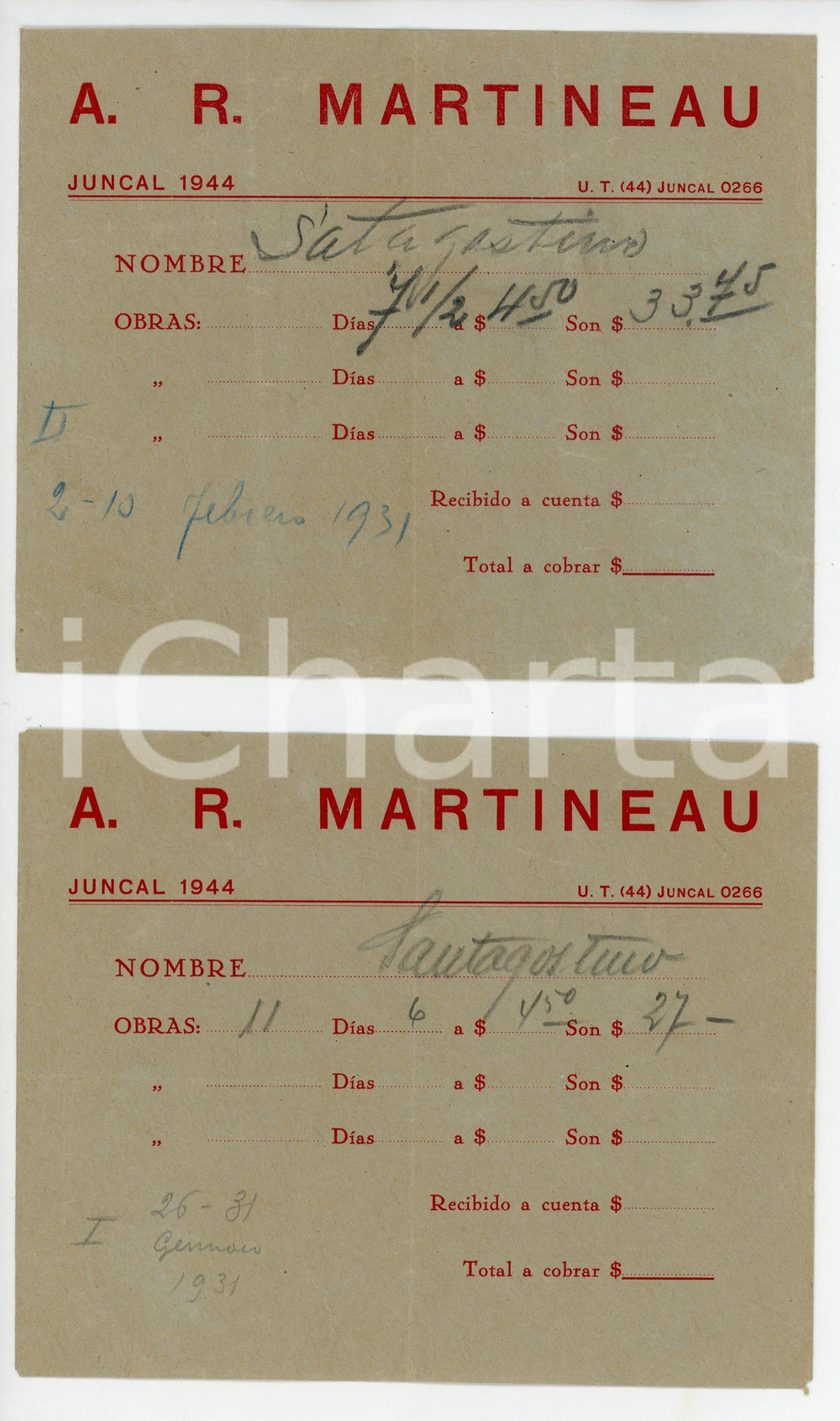 Documento originale, autentico 1931 JUNCAL  ARGENTINA Ricevute A.R. MARTINEAU Lotto di 2 buste 1