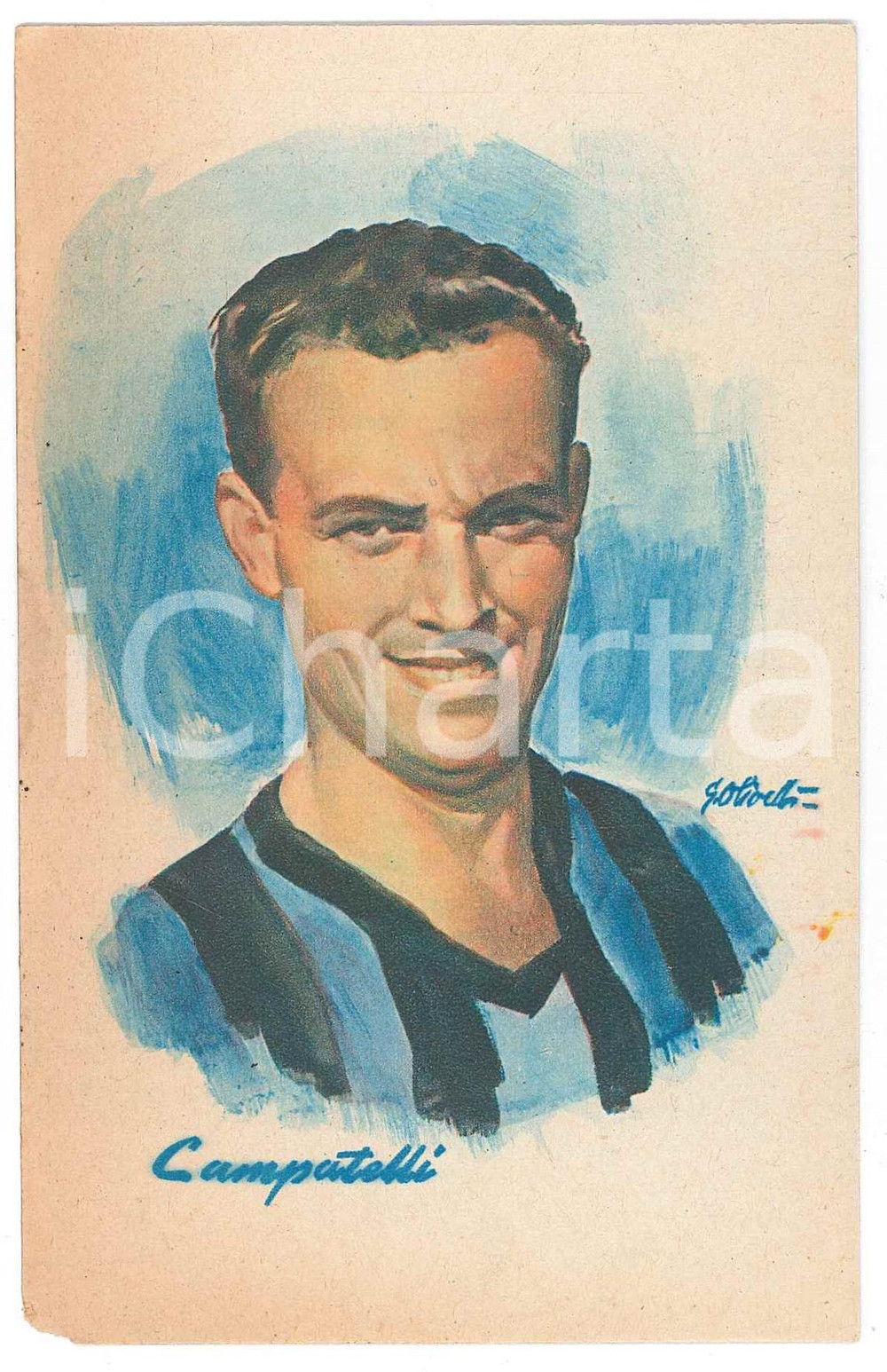 Cartolina originale da collezione 1948 CALCIO  INTER F.C. Aldo CAMPATELLI Ill. G. OLIVETTI Cartolina GIESSE 2 1