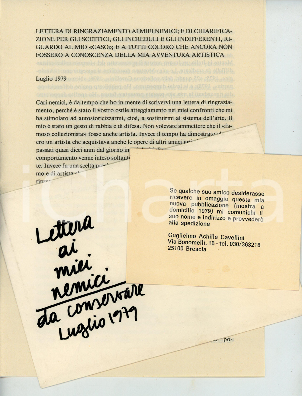 Oggetto da collezione cartaceo 1979 BRESCIA  GAC Guglielmo Achille CAVELLINI Lettera ai miei nemici MAIL ART 1