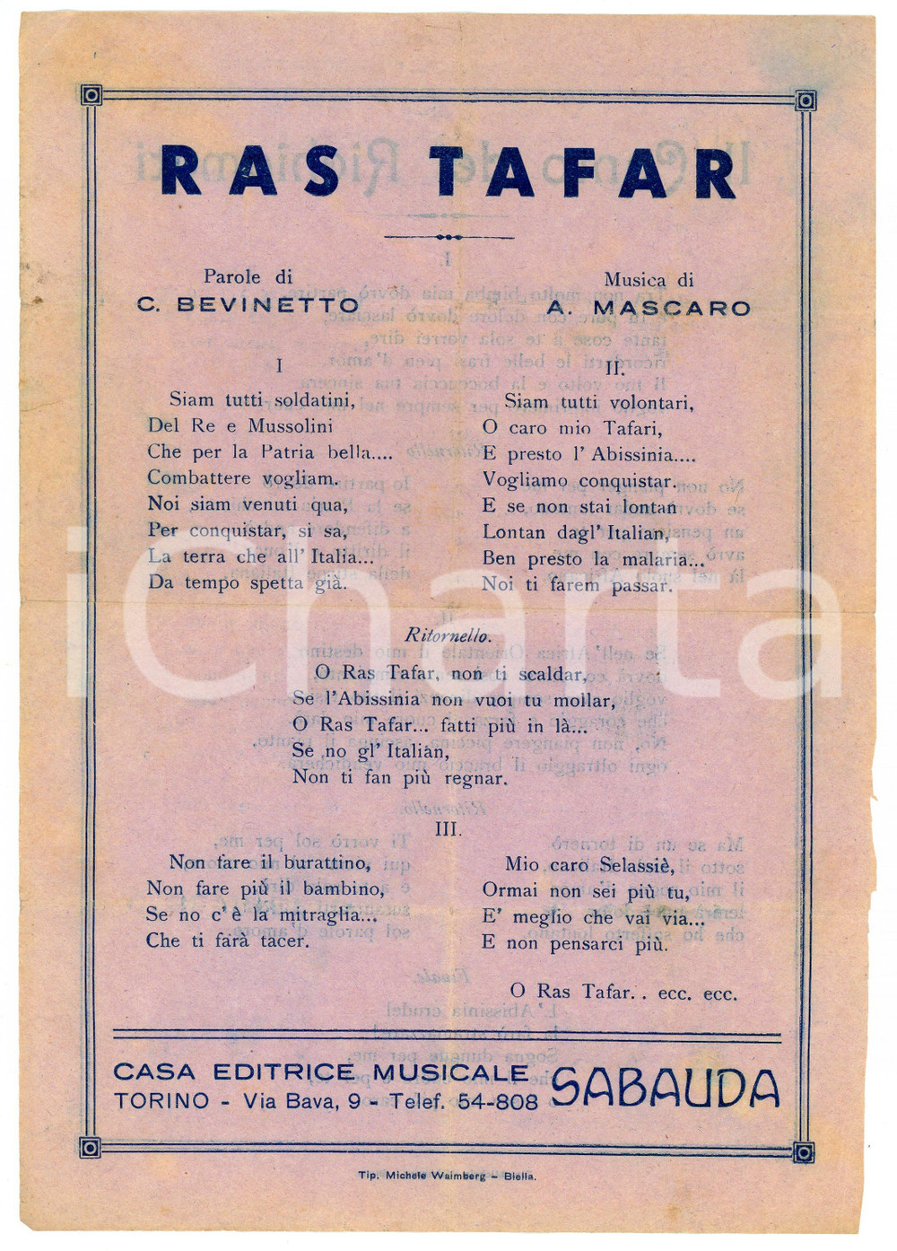 Oggetto da collezione cartaceo 1935 ca RAS TAFAR di C. BEVINETTO  A. MASCARO Canzone su Hailé SELASSIÉ 1