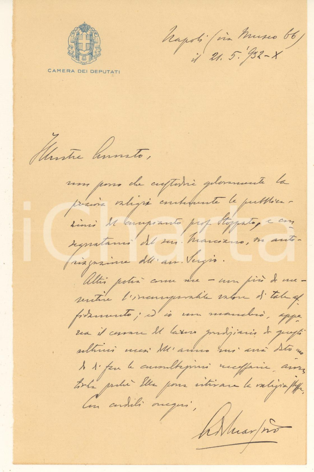 Autografo originale 1932 NAPOLI Lettera on. Augusto DE MARTINO  Valigia prof. Stoppato AUTOGRAFO 1