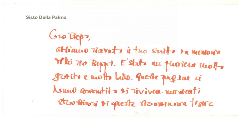 Autografo originale 1990 ca Biglietto Sisto DALLA PALMA in memoria dello zio AUTOGRAFO 1