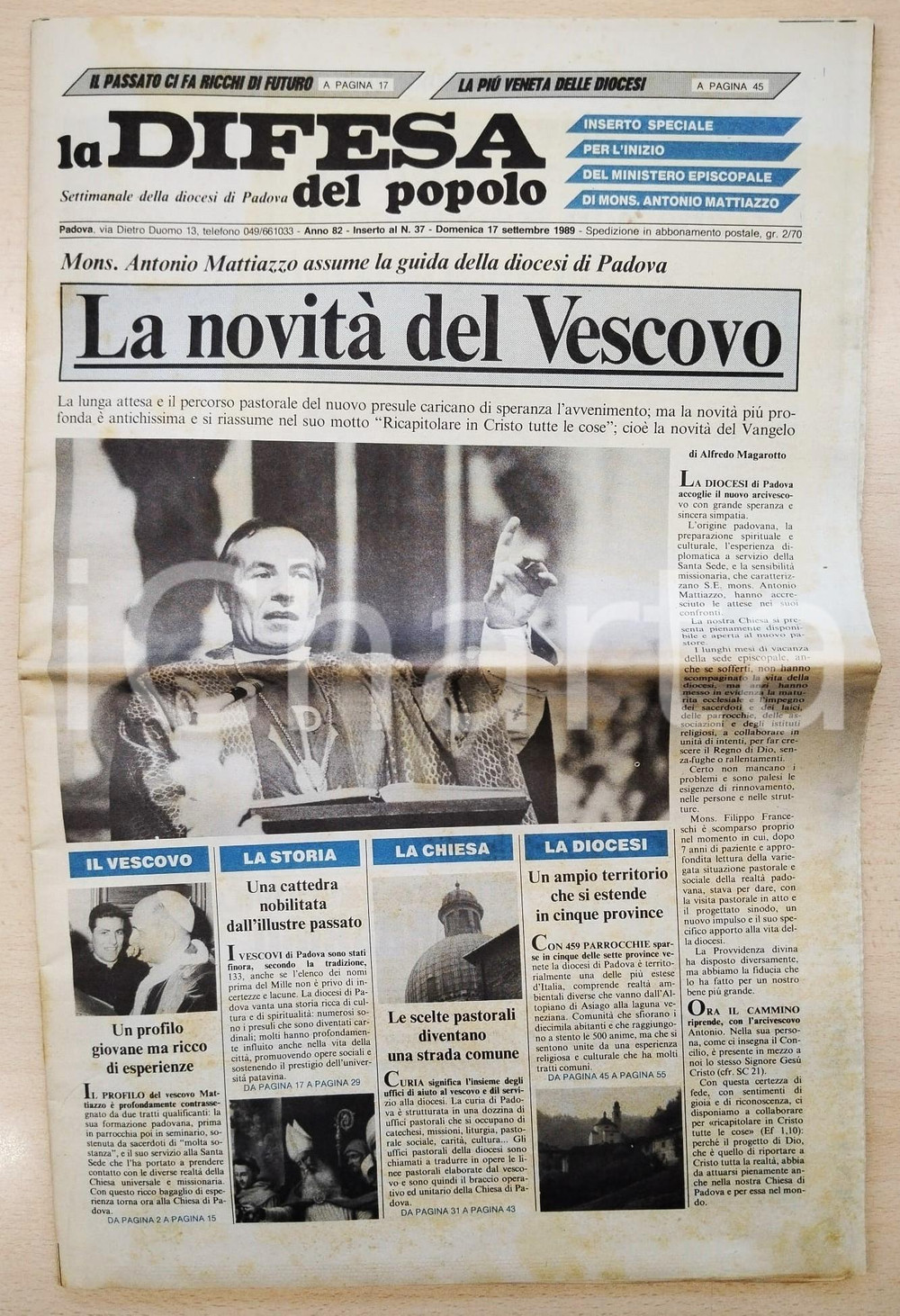 Giornale, rivista storica 1989 PADOVA  LA DIFESA DEL POPOLO Nuovo vescovo Antonio MATTIAZZO Inserto n.37 1