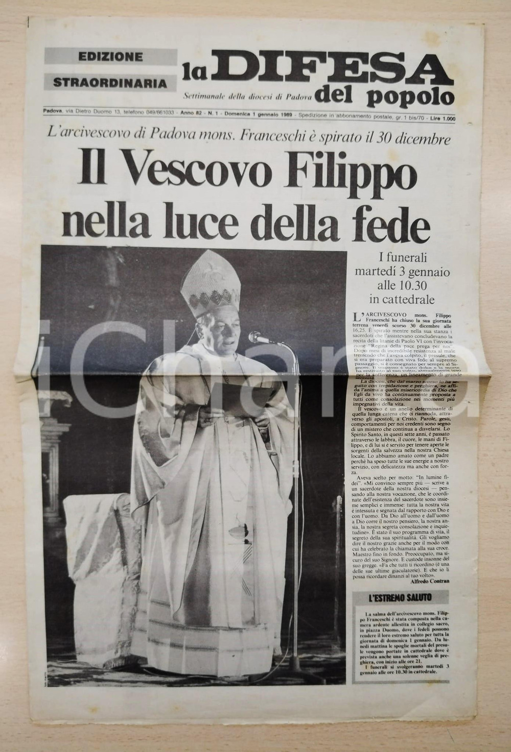 Giornale, rivista storica 1989 PADOVA  LA DIFESA DEL POPOLO Morte Mons. Filippo FRANCESCHI Settimanale 1